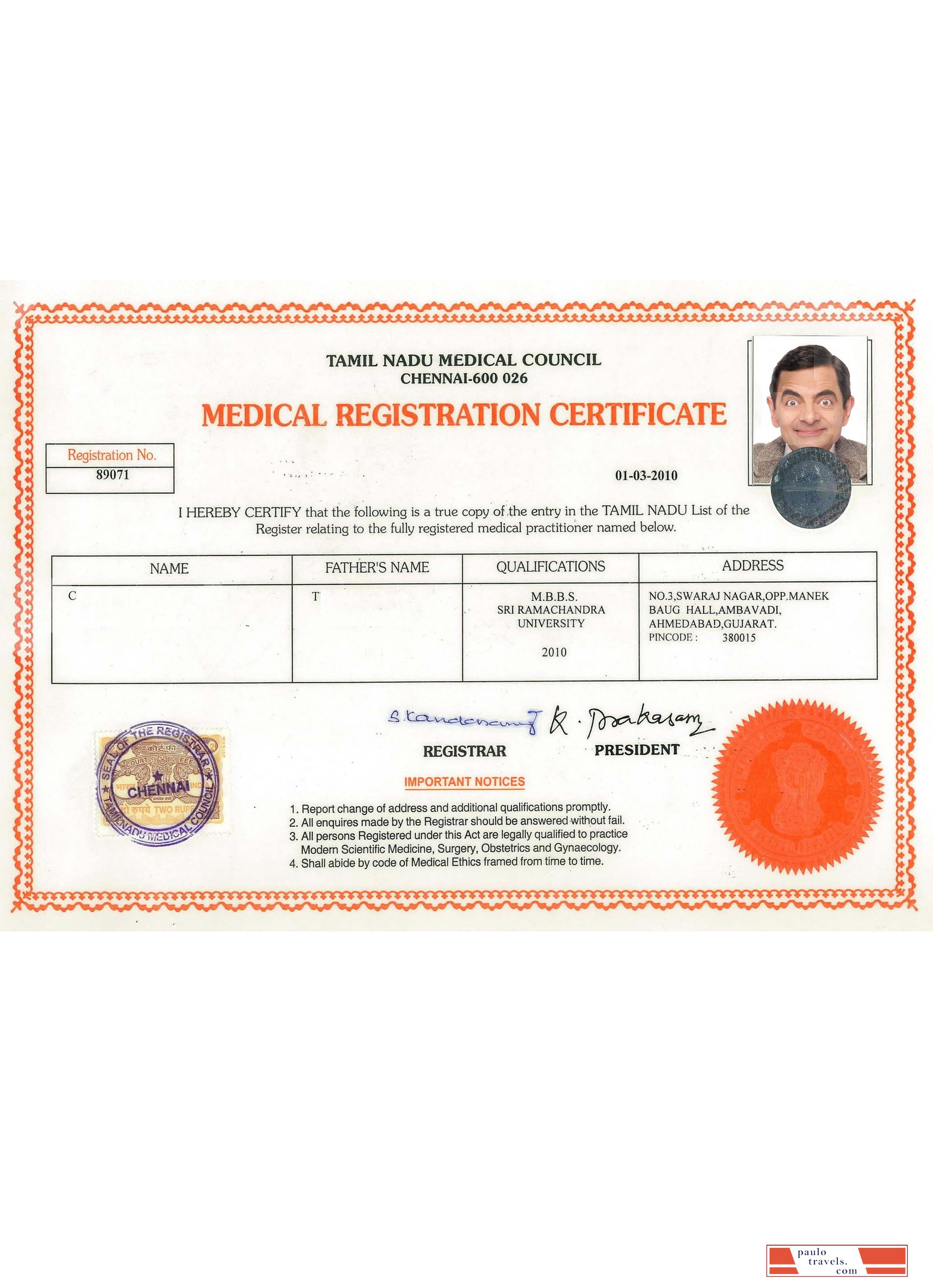 India Tamil Nadu registration certificate